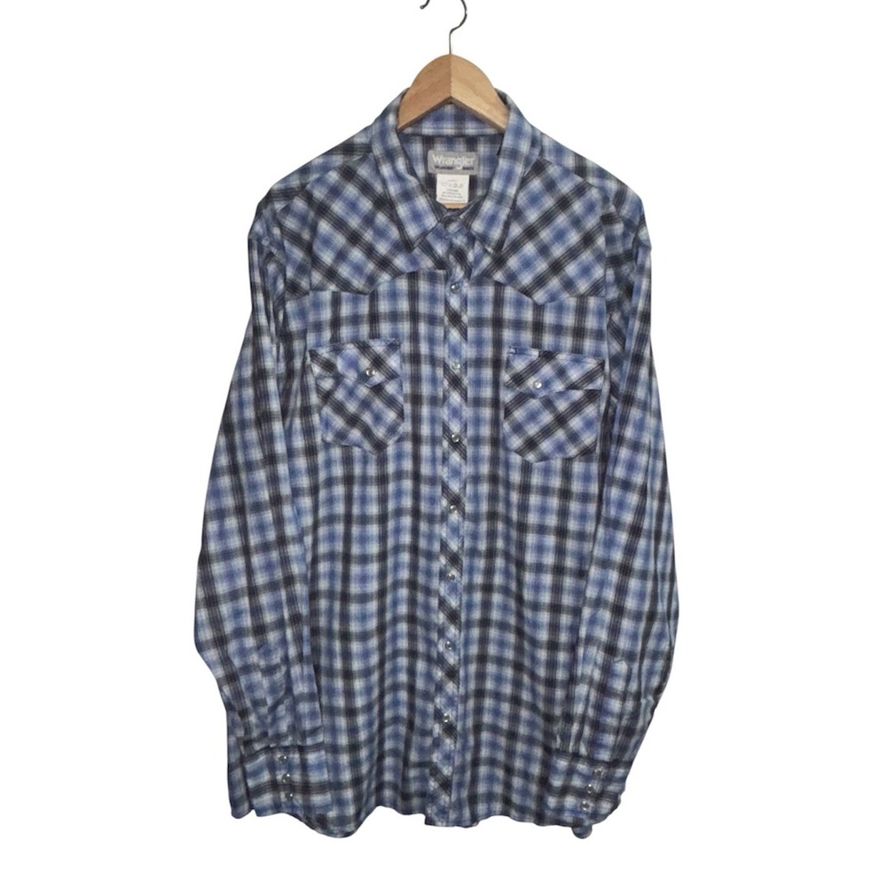 Wrangler Wrancher Mens 2XLT Tall Pearl Snap Western Shirt Plaid Blue Black L/S - Picture 2 of 9